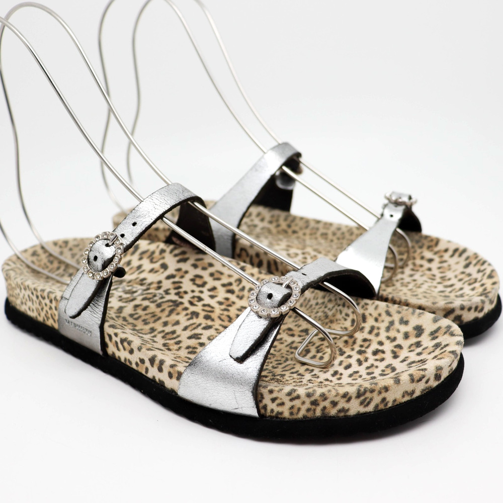 Mephisto Idelya Pewter Leather Strap Rhinestone Buckle Sandals Womens SIZE 39